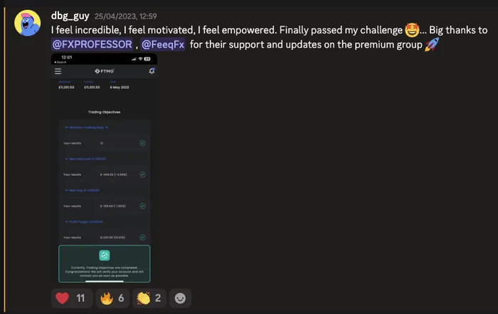 Discord message from dbg_guy, passing an FTMO challenge